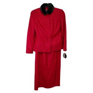 NWT VALERIE STEVENS VTG 2 P Red Irish Mist Skirt Suit Set Faux Fur Collar Wool